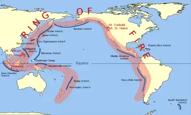 Image 74A Ring of Fire; the Pacific is ringed by many volcanoes and oceanic trenches. This map does not show the Cascadia Subduction Zone along part of the west coast of North America, whose trench is completely buried in sediments. (from Pacific Ocean)