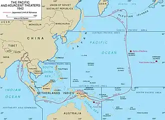 A map showing China, Japan and Australia. The borders of SWPA are indicated.