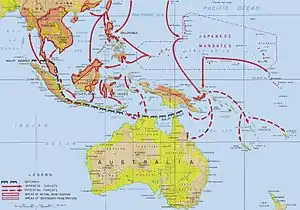 Image 9The Japanese advance through the Malay Barrier in 1941–1942 and feared offensive operations against Australia. (from Military history of Australia during World War II)