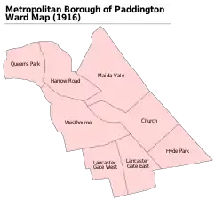 A map showing the Lancaster Gate wards of the Metropolitan Borough of Paddington as they appeared in 1916.