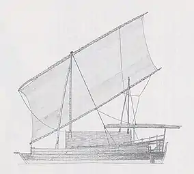 Burningham's reconstruction of padewakang with larger deckhouse and furled sail.