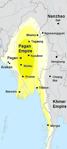 Image 25Pagan Kingdom during Narapatisithu's reign. Burmese chronicles also claim Kengtung and Chiang Mai. Core areas shown in darker yellow. Peripheral areas in light yellow. Pagan incorporated key ports of Lower Burma into its core administration by the 13th century. (from History of Myanmar)