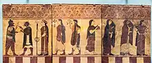 Paris receives Hermes who leads Athena, Hera and Aphrodite. Painting on terracotta panels, 560–550 BC