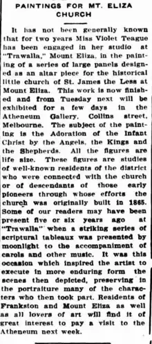 A newspaper article discussing the altar paintings by Violet Teague done in Mt Eliza for churches.