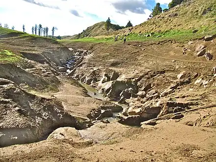 the sinkhole where Lake Disappear drains. The mud marks the normal height of the lake.