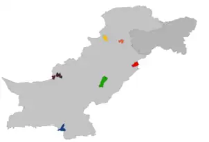 Map of cities associated with PSL teams as of PSL 7, colour based on franchise branding: