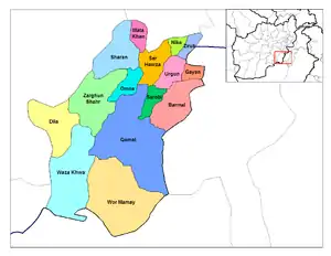 Mata Khan district (in purple) within the province of Paktika.