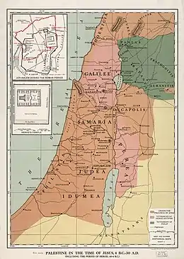 theological map with some intermixed but also explicitly false set locations ( f.I. Gerasa( on the Lake), Gamala etc.) and regional names set according the bible.