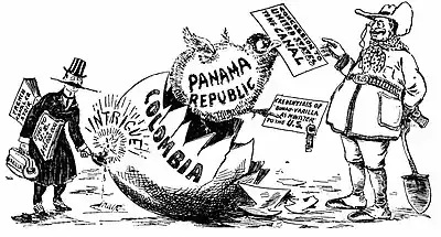 Image 91903 political cartoon. The U.S.'s intentions to influence the area (especially the Panama Canal construction and control) led to the separation of Panama from Colombia. (from Political cartoon)