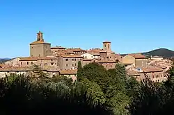 Backside of the Church of San Michele Arcangelo on Piazza Umberto I, the main square of Panicale