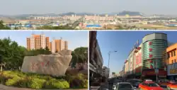 Panoramic view of Panshi city, entrance to Peoples' Square, downtown shopping strip.