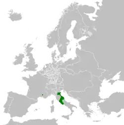 Map of the Papal States (green) in 1789 before the French seized papal lands in France, including its exclaves of Benevento and Pontecorvo in southern Italy, and the Comtat Venaissin and Avignon in southern France