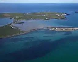 Papa Stronsay from the air. The monastery can be seen at the top right.