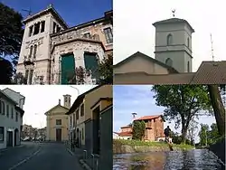 Clockwise from top: Villa Ida Lampugnani-Gajo; ornamental tower in a lombard court; a roggia with the "Madonna di Dio il Sà" church in the background; and via San Michele with the church of San Michele in the background