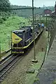 Two Hitachi-Locomotives with a downhill train entering the rack railway in Paranapiacaba