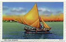 Visayan double-outrigger paraw with a "crane sprit" crab claw sail and a jib