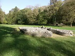 Front view of cairn, from its right side, its boulders retained by a short wall that forms a courtyard at its entrance. The cromlech is set in flat ground of short grass (in dappled sunlight in the foreground and full sun elsewhere), dissected by a path passing behind it. Trees are mainly in leaf to its rear, among which a limestone kiln is visible at the foot of the gorge.