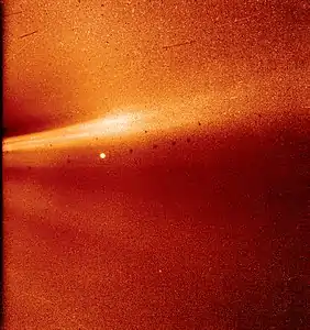 Photo from the WISPR shows a coronal streamer, seen over the east limb of the Sun on Nov. 8, 2018, at 1:12 a.m. EST. The fine structure of the streamer is very clear, with at least two rays visible. Parker Solar Probe was about 16.9 million miles (21.2 million km) from the Sun's surface when this image was taken. The bright object near the center of the image is Mercury, and the dark spots are a result of background correction.