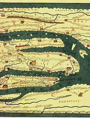 A semi-schematic map: Tabula Peutingeriana. While roads and features appear as abstract representations without resemblance to reality, their locations, orientations, and distances are as accurate as possible to make the map practical.