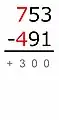 The smaller number is subtracted from the greater:700 − 400 = 300Because the minuend is greater than the subtrahend, this difference has a plus sign.