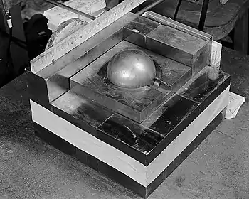 The sphere of plutonium surrounded by neutron-reflecting tungsten carbide blocks in a re-enactment of Harry Daghlian's 1945 experiment.