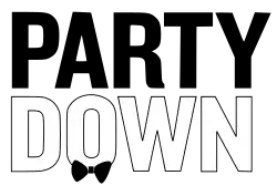 The word 'Party' written in black, underneath the word 'Down' written in white with a black outline, and a black bowtie at the base of the letter 'O' in the word 'Down'.