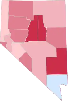 Image 22Majority/plurality party in each Nevada county (February 2023):  Democrat >= 30%  Republican >= 30%  Republican >= 40%  Republican >= 50%  Republican >= 60% (from Nevada)