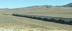 A passenger train on the Trans-Caspian Railway line east of Ashgabat, Turkmenistan