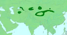 Map of showing highlighted range covering six areas from Turkmenistan east to China