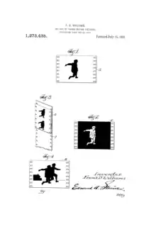 Patent created by the cinematographer Frank D. Williams in which the Williams process is described. There are 4 figures, each representing a different stage. Figure 1, the holdout matte, shows the drawing of a film frame with the black silhouette of a child against a white background. Figure two is the inverted copy of figure 1, with the silhouette now white and the background black and it corresponds to the cover matte. In the figure 3 we see the piece of film from the figure 1 over a film strip in which the desired background should've been filmed. Figure 4 we see the union of the elements of figure 3 with the cover matte.