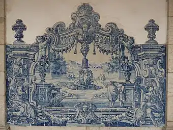 Azulejo in the cloisters of the Monastery of São Vicente de Fora, Lisboa, Portugal, with a scene based on a print by Jean Le Pautre, unknown architect or craftsman, 1730–1735