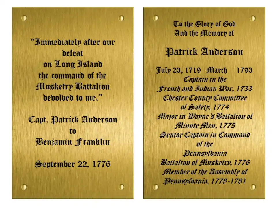 Patrick Anderson plaques at Valley Forge Chapel