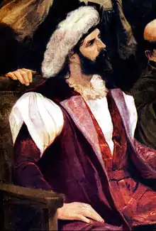 Half-length painted portrait of a bearded man wearing a hat with a large feather.