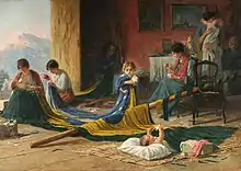 A 1919 painting depicting the Brazilian flag being embroidered by a family.