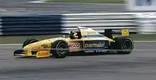 Forti started in 1995 with a yellow Parmalat livery, this is Pedro Diniz driving for Forti at the 1995 British Grand Prix.