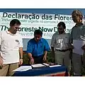 Pedro Garcia signs the Forests Now Declaration on behalf of the Confederation of Indigenous Organisations of the Brazilian Amazon (COIAB) which represents some 180 tribes in the region