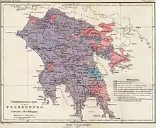 Alfred Philippson's ethnographic map of the Peloponnese, 1890; Albanian-speaking areas in red.