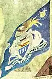 A painting of the Pennsylvania flag, featuring the state coat of arms with white horses, and other various adornments around the coat of arms, on a field of blue.