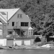 Pennsylvania Barge Club,#4 Boathouse Row in 1972 with a Drexel "D" painted on the dock.