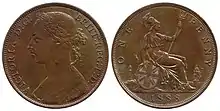 One sides of a bronze penny showing a woman with her hair in a bun