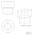 The figures to the left are orthographic projections. The figure to the right is an oblique projection with an angle of 30° and a ratio of 1⁄2.