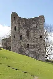 A partly ruined rectangular stone tower seen across a grass slope