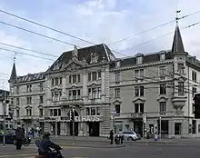 The Pfauen complex, a large stone building. Theatre is in the center. Cafe used to be right of theatre