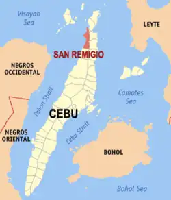 Map of Cebu with San Remigio highlighted