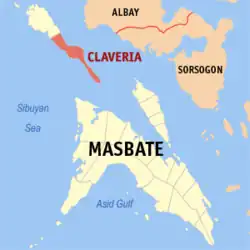 Map of Masbate with Claveria highlighted