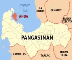 Map of Pangasinan with Anda highlighted