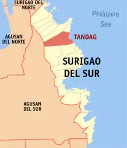 Map of Surigao del Sur with Tandag highlighted