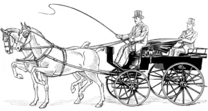 Drawing of a man holding a whip, sitting on top of an open carriage pulled by two horses.