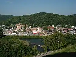 The Philippi Historic District with the Barbour County Courthouse seen from across the Tygart Valley River in 2007