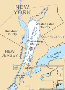 Map of Philipsburg Manor with current borders overlaid on the property